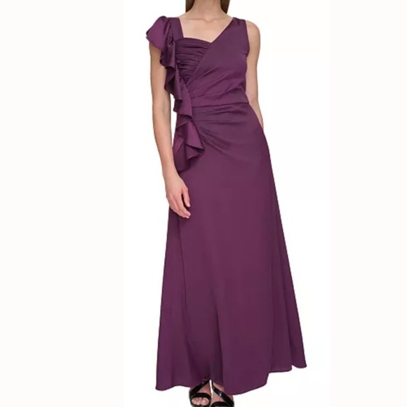 DKNY One-Shoulder Ruffle Satin Evening Gown — Size 8, Color: Purple - Picture 1 of 11